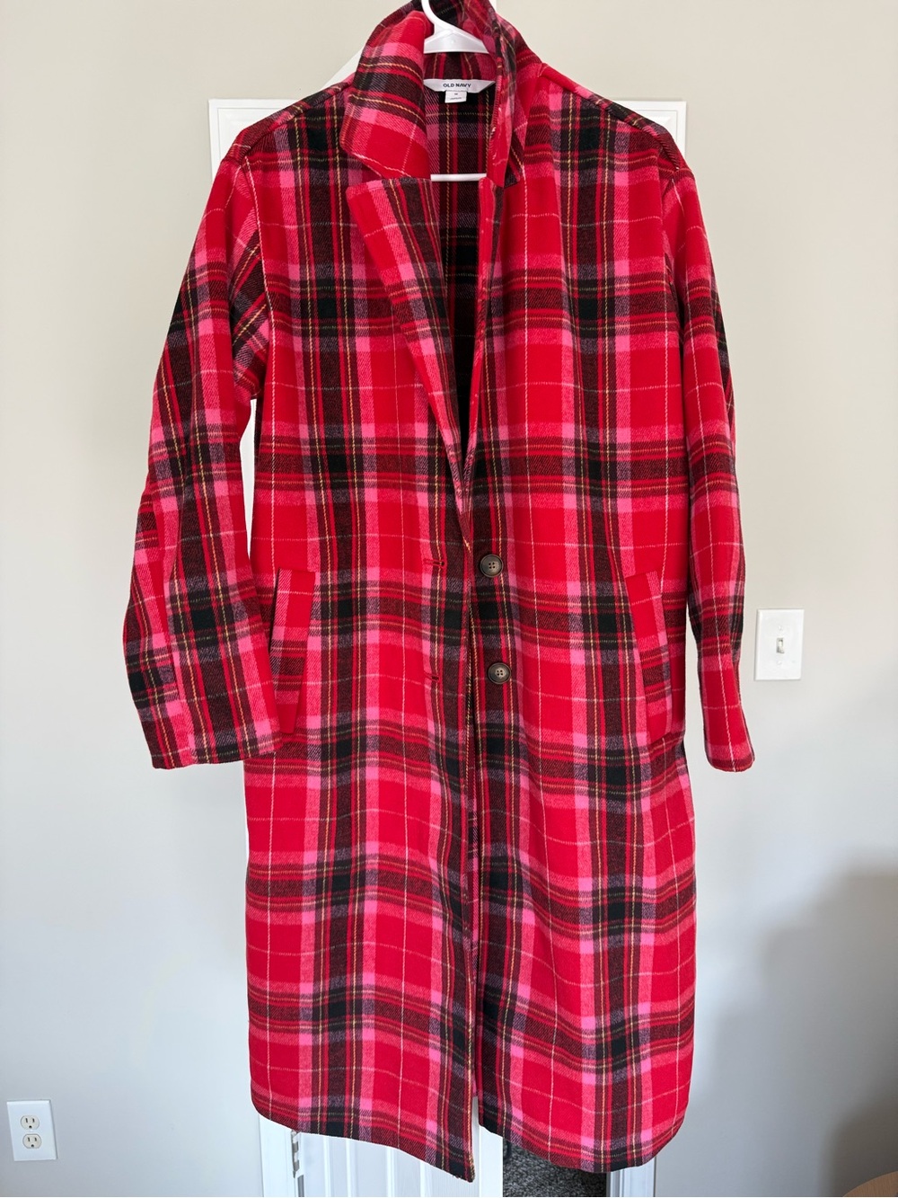 Old Navy Red Plaid Long Trench Coat